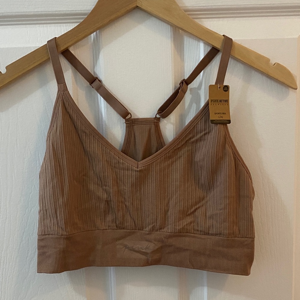 PINK Victoria's Secret Ribbed V-Neck Sports Bra — Brown